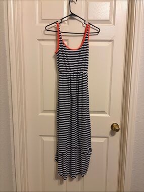 Just Love Black & White Striped Tank with Neon Coral Trim